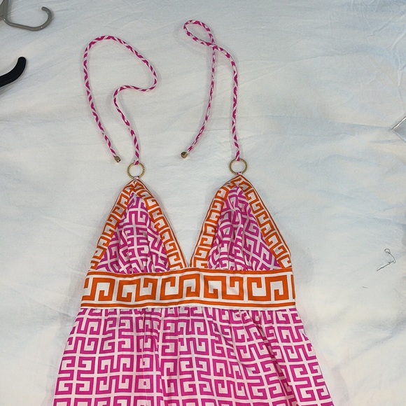 Alice & Trixie Pink & Orange Greek Key Print Silk Halter Dress - Picture 3 of 5